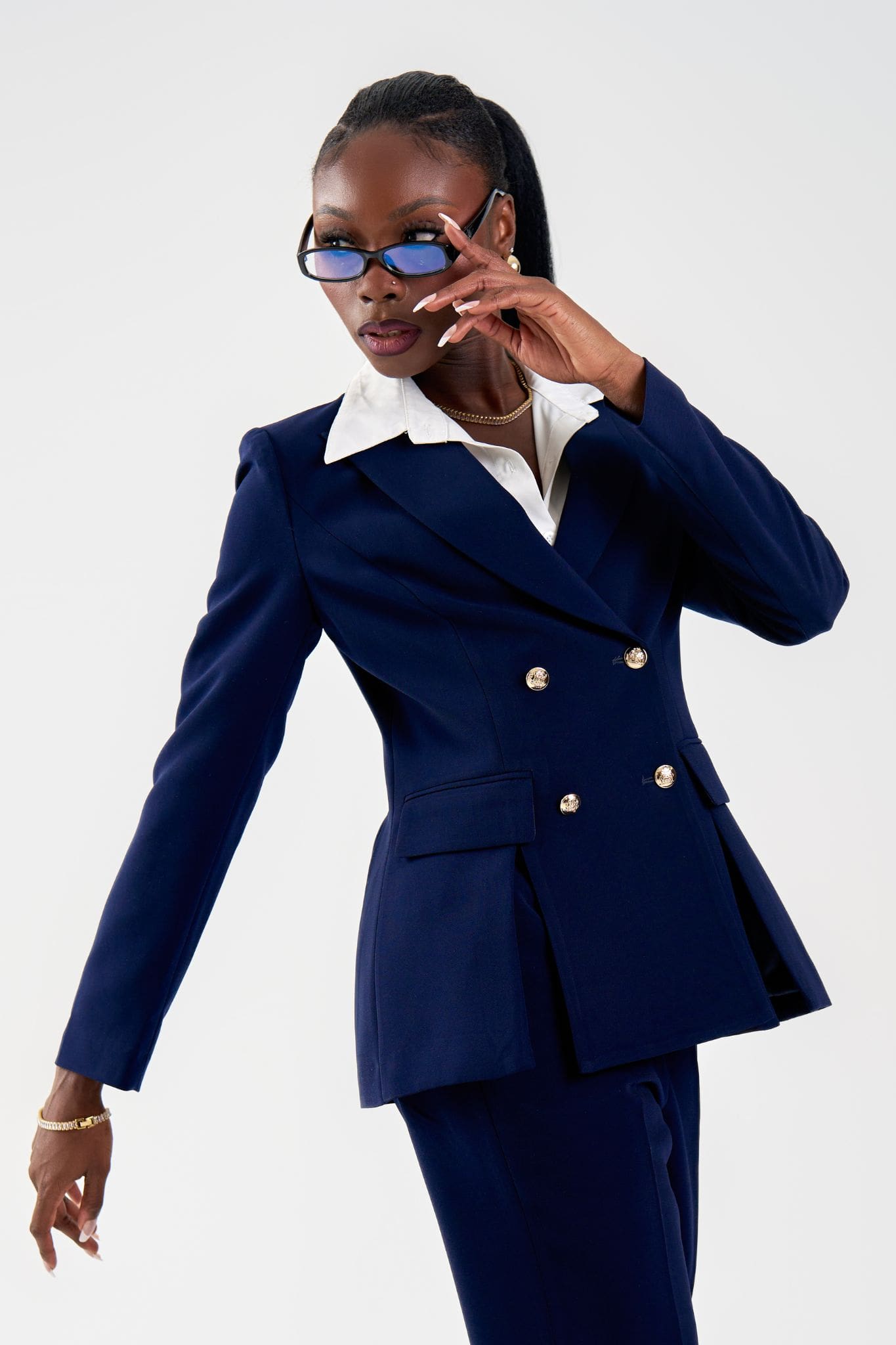 Adira Double-Breasted Tailored Blazer in Navy