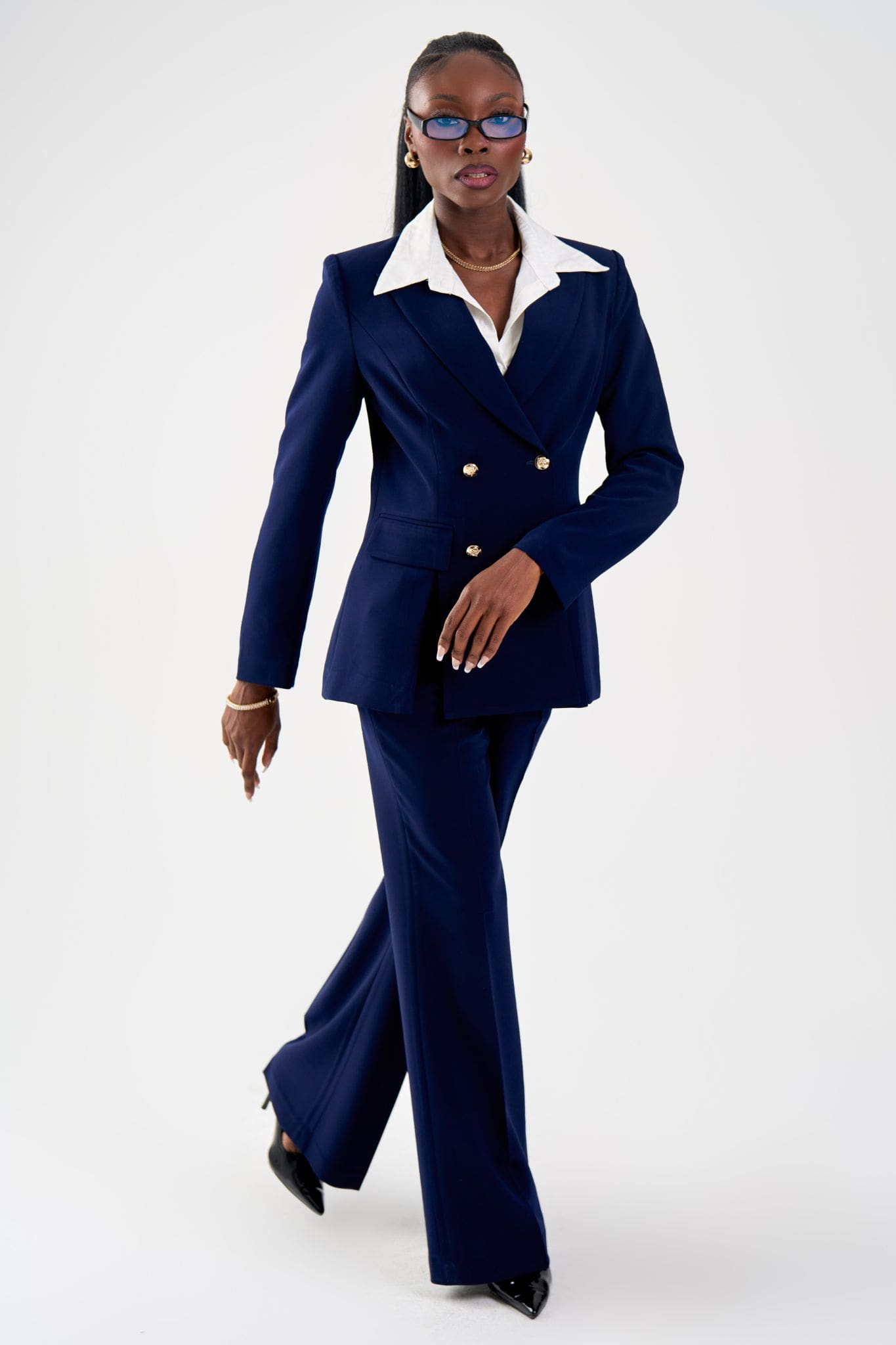 Adira Double-Breasted Tailored Blazer in Navy