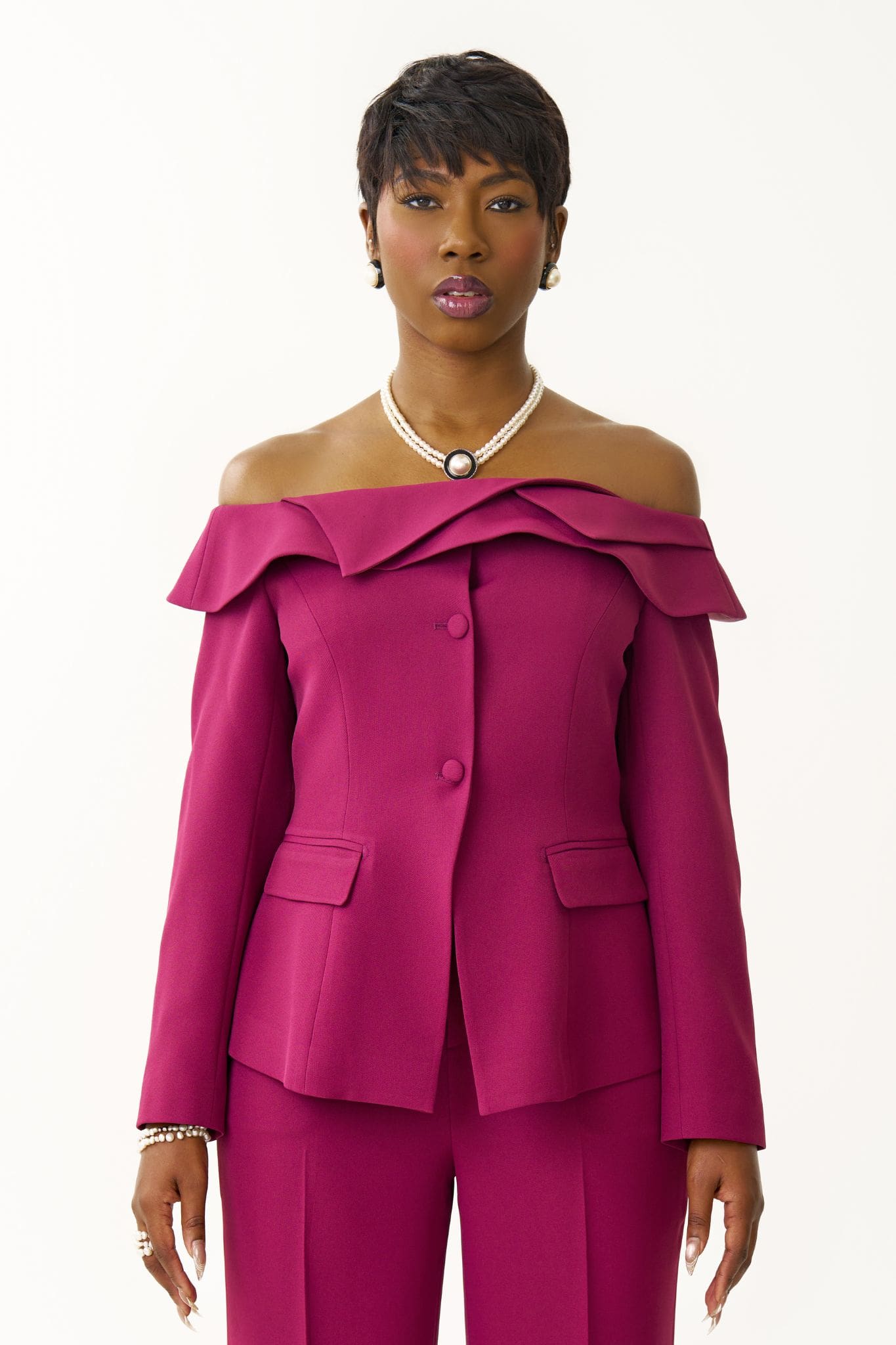 Ava Off-Shoulder Tailored Blazer Top in Soft Berry