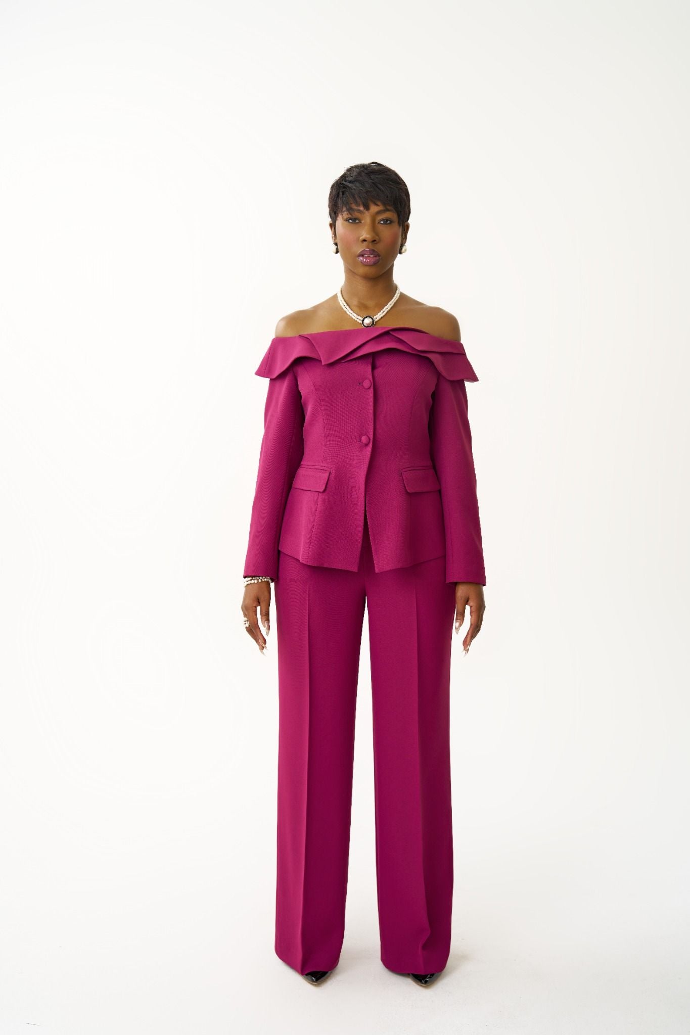 Ava Off-Shoulder Suit Set | Fuchsia Women's Wide-Leg Suit