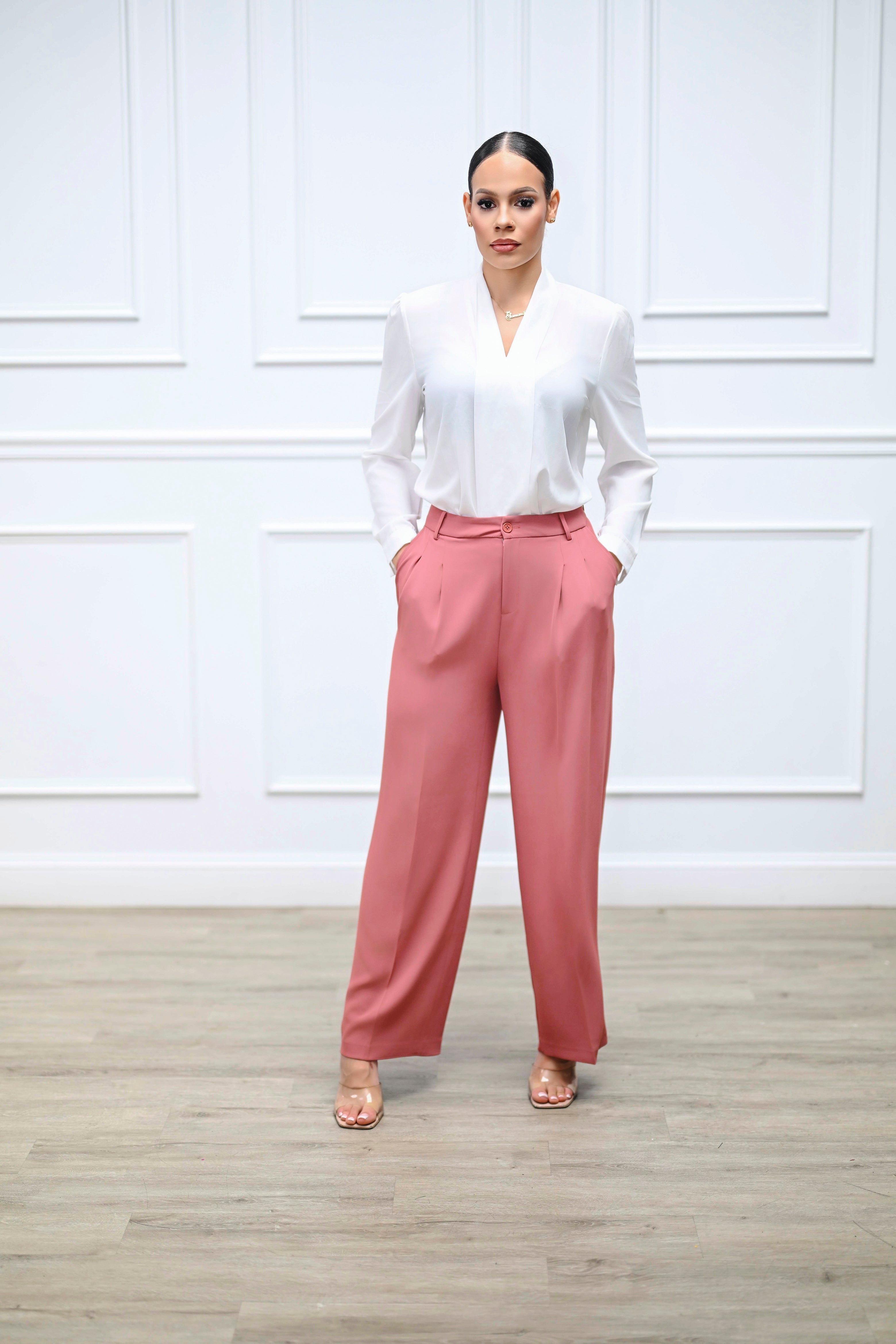 Carly High Waisted Trousers - Pink - Preorder - Belle Distinguèe 