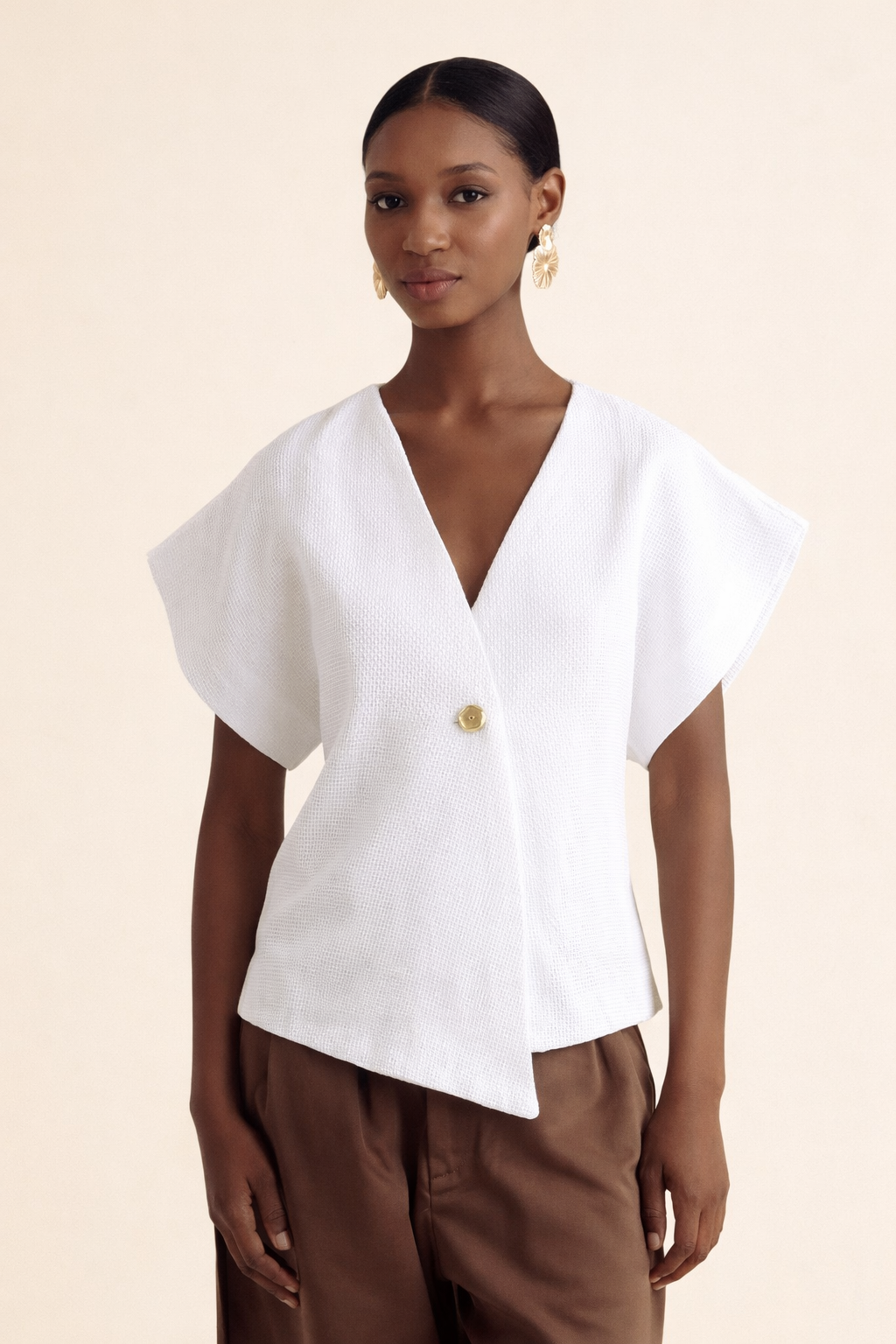 Nora Textured Wrap Top White | Gold Button Structured Top