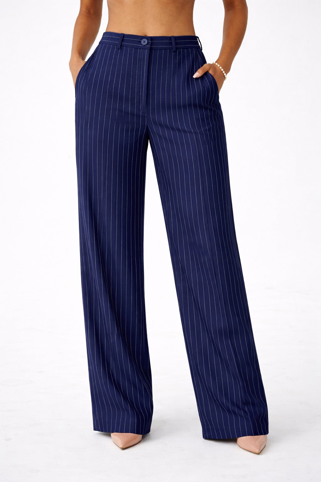 Milan Tailored Pinstripe Trousers in Navy