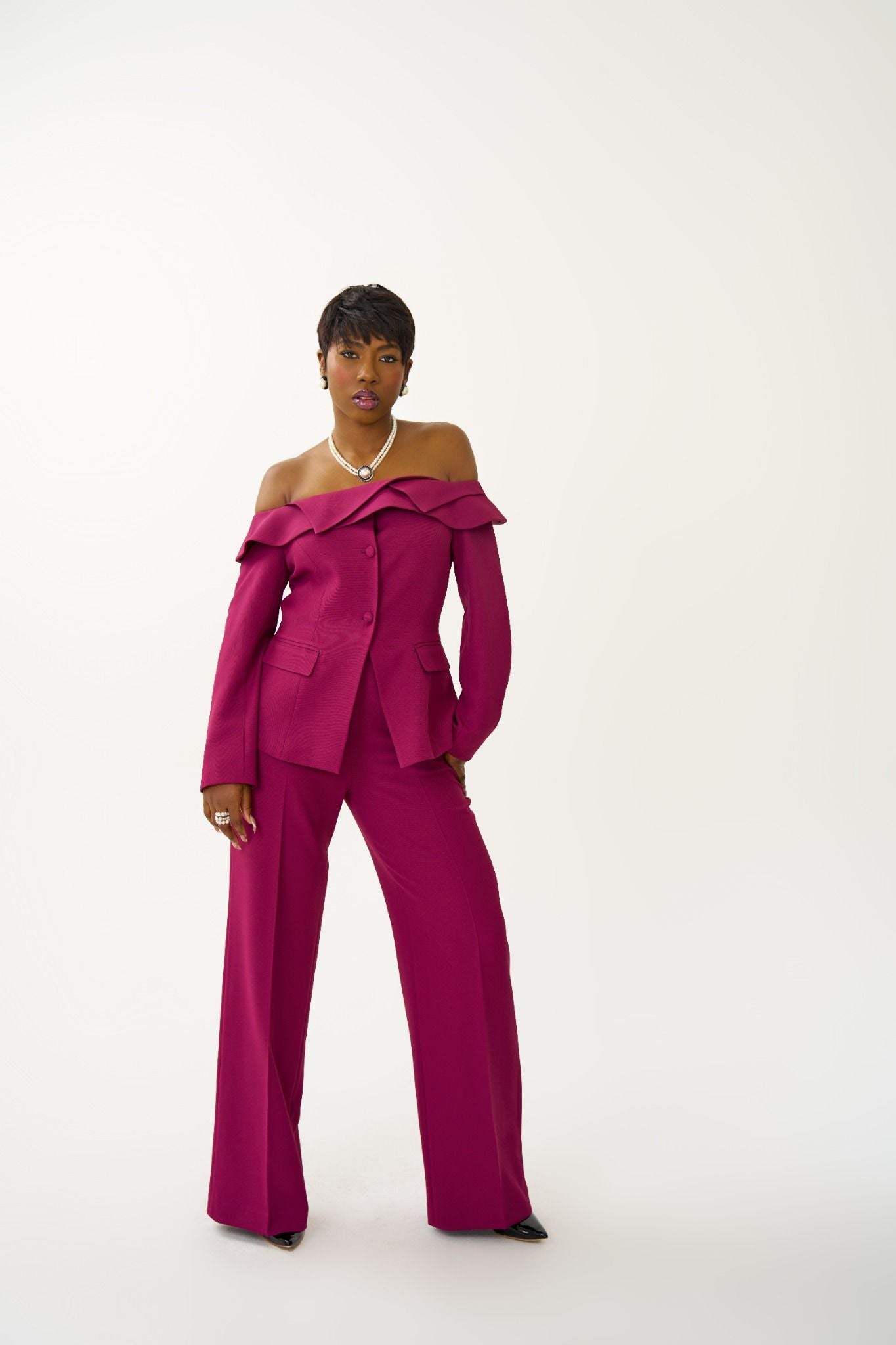 Alex Delora Design Jasmin suit オレンジ Ava Off-Shoulder Suit Set | Fuchsia Women's Wide-Leg Suit