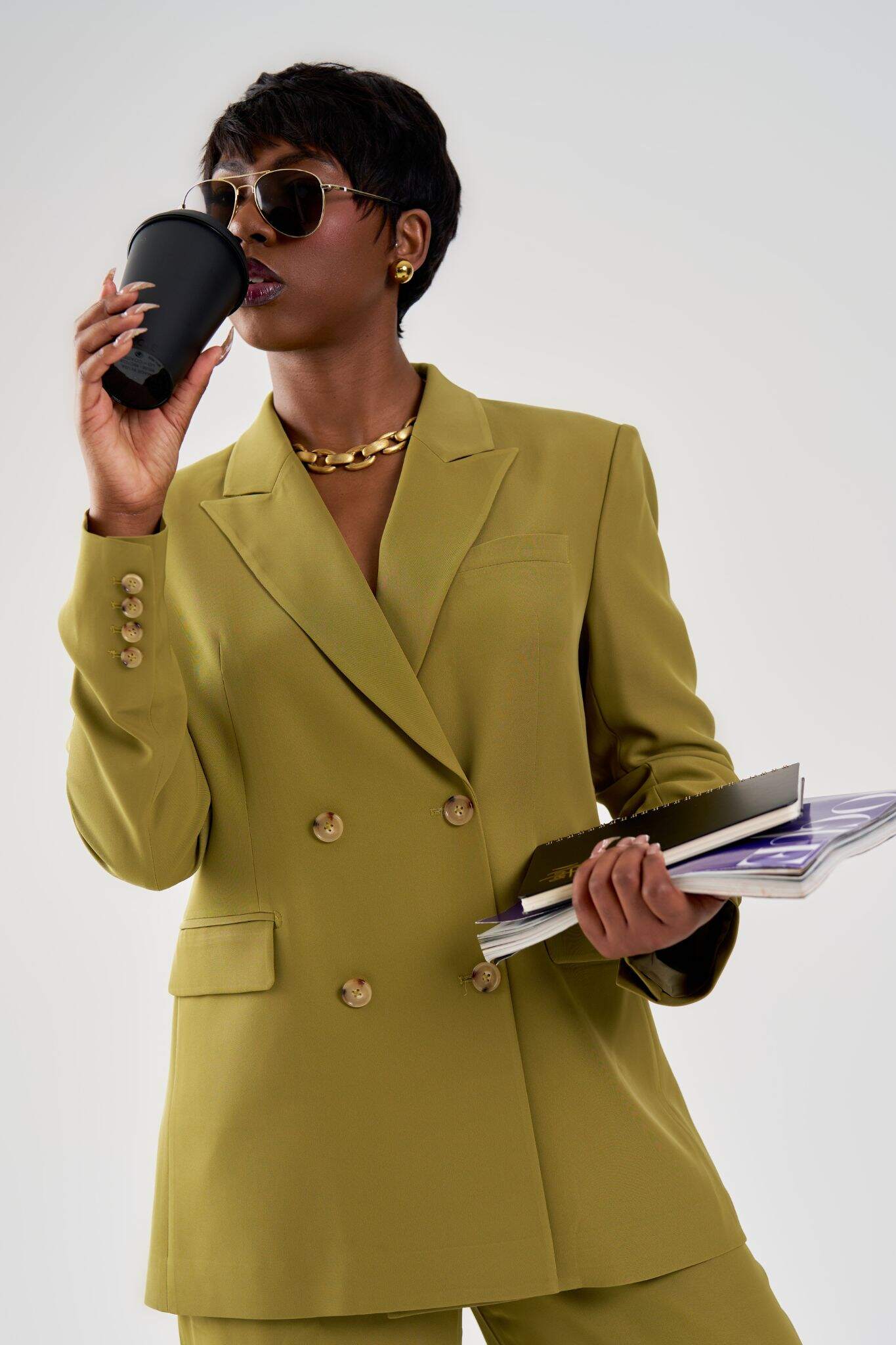 Monroe Double-Breasted Tailored Blazer in Olive Green - Belle Distinguèe 