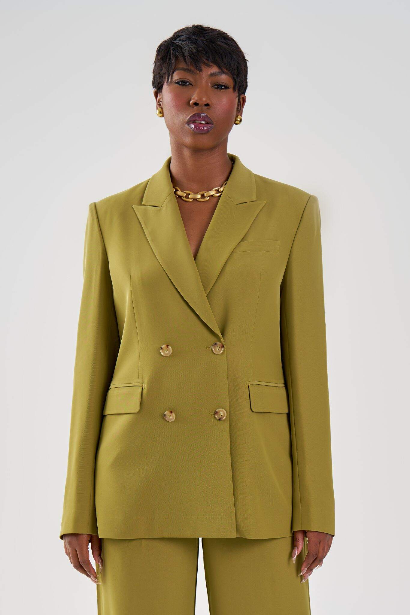 Monroe Double-Breasted Tailored Blazer in Olive Green