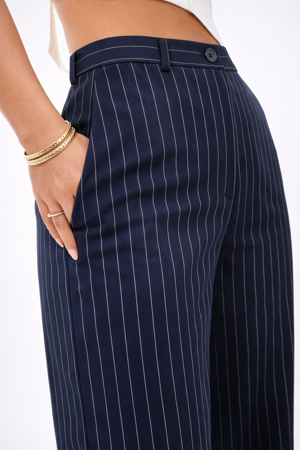 Milan Tailored Pinstripe Trousers in Navy