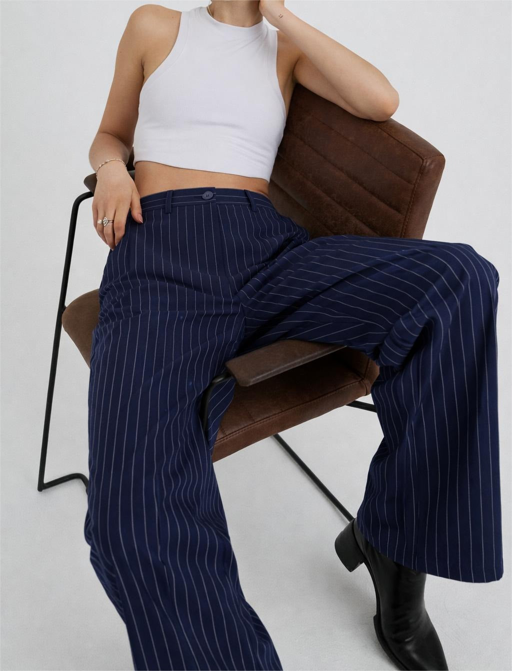 Milan Tailored Pinstripe Trousers in Navy